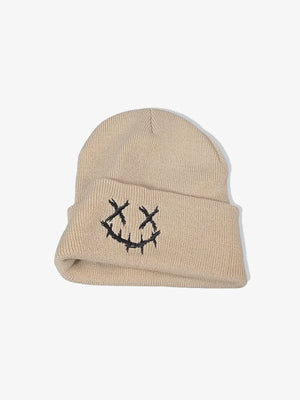 Embroidered beanie – Beige, stitched smile embroidery | XoKool