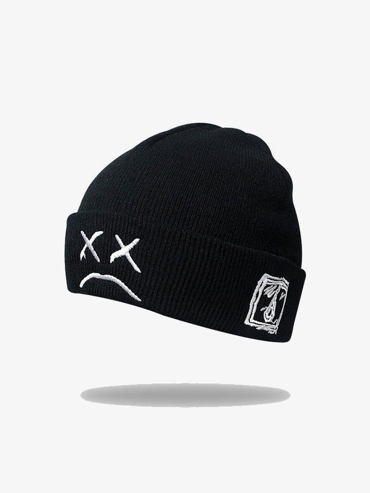Embroidered Face Cuffed Knit Beanie – Black, sad face embroidery | XoKool