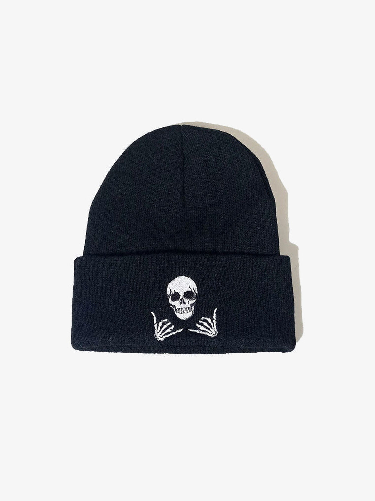 Embroidered Face Cuffed Knit Beanie – Black, skull embroidery | XoKool