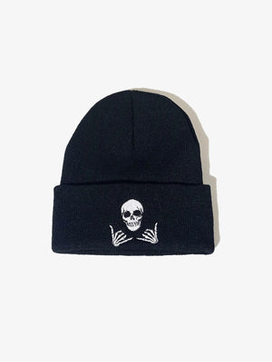 Embroidered Face Cuffed Knit Beanie – Black, skull embroidery | XoKool