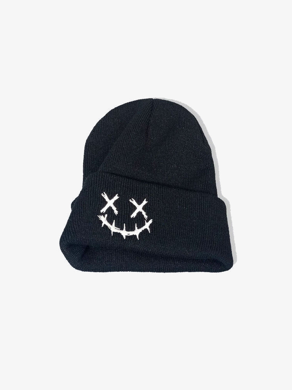 Embroidered Face Cuffed Knit Beanie – Black, stitched smile embroidery | XoKool
