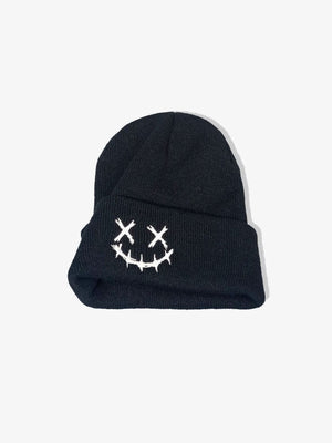 Embroidered Face Cuffed Knit Beanie – Black, stitched smile embroidery | XoKool