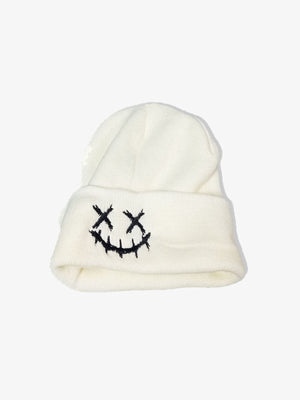 Embroidered beanie – Cream, stitched smile embroidery | XoKool