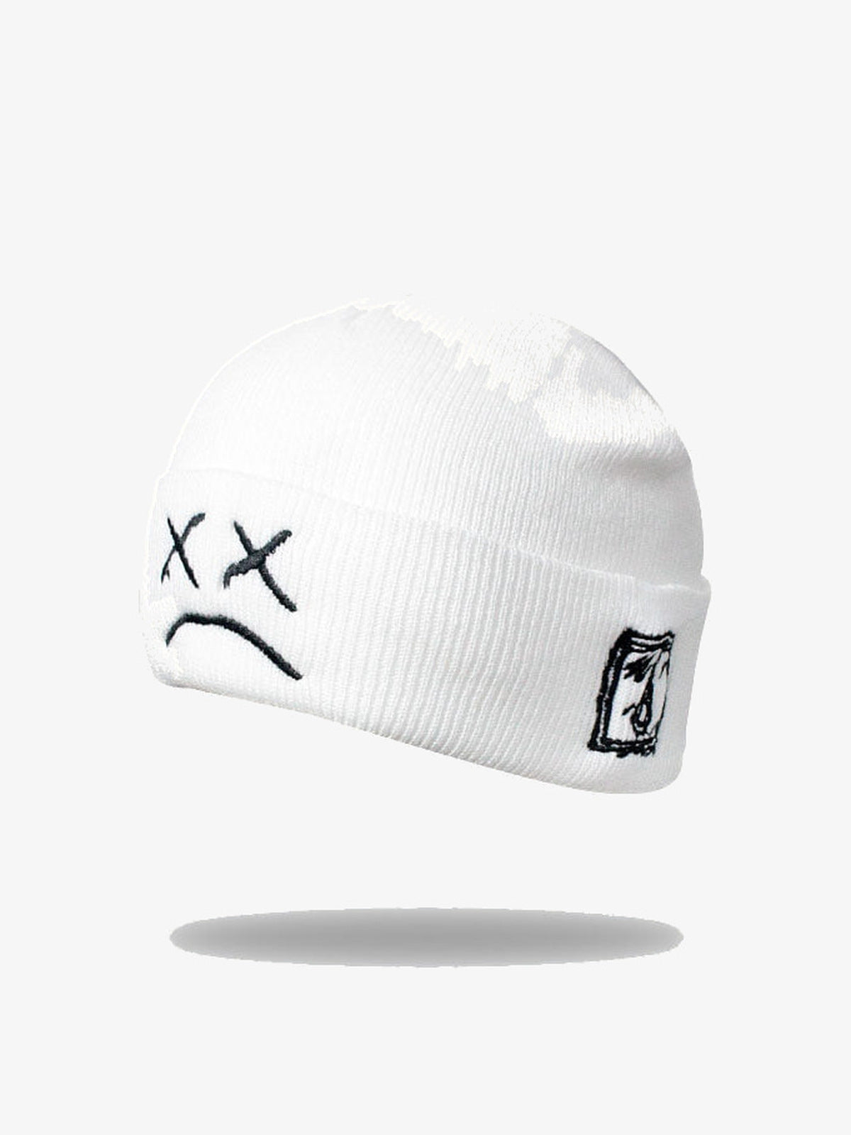 Embroidered Face Cuffed Knit Beanie – White, sad face embroidery | XoKool