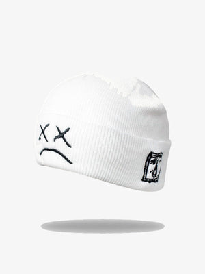 Embroidered Face Cuffed Knit Beanie – White, sad face embroidery | XoKool