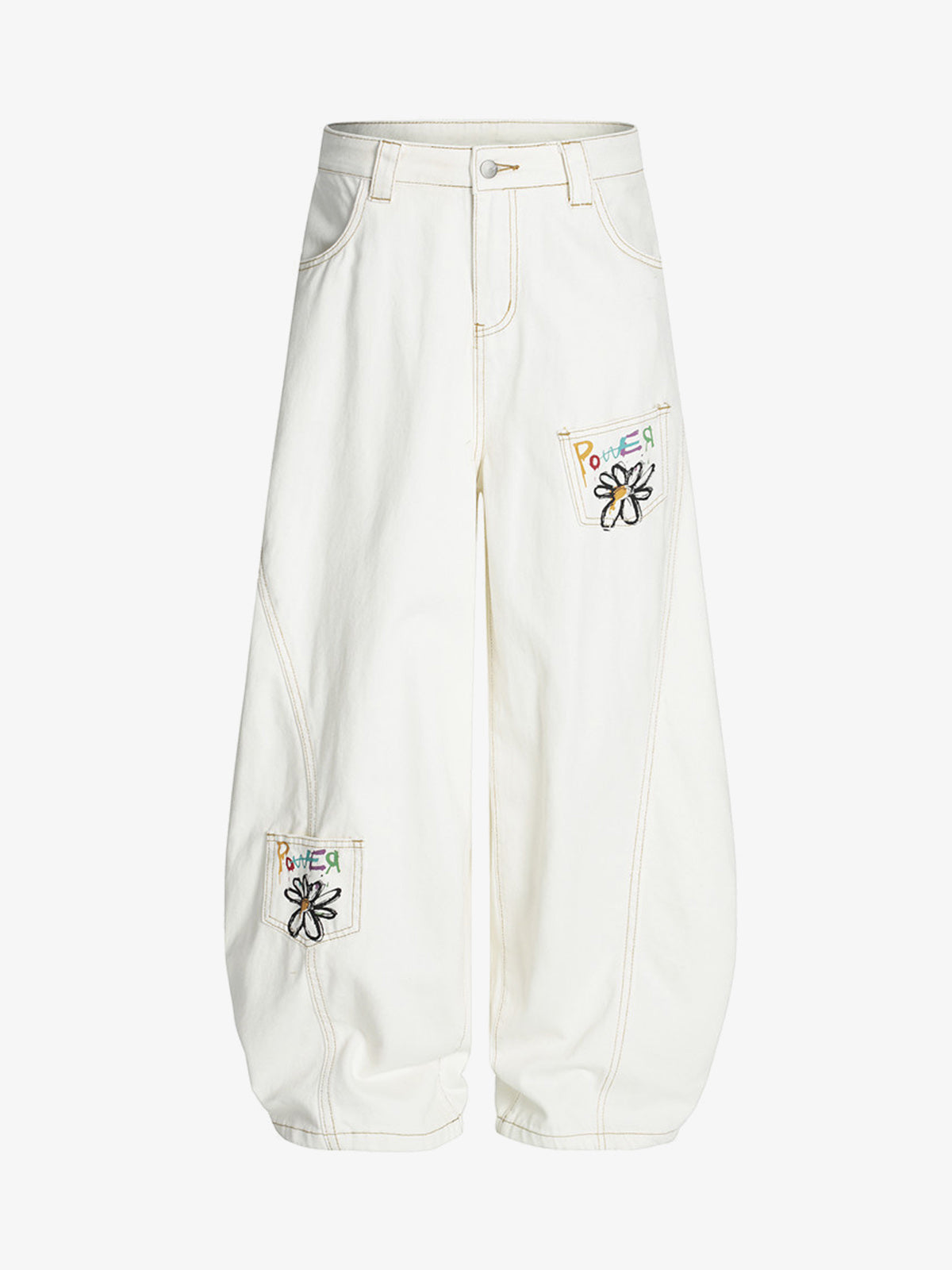 Off-White Barrel Jeans with Daisy Patch Pockets – front | XoKool