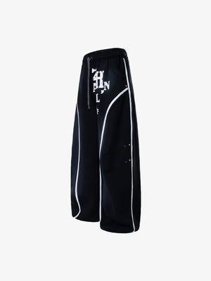 Faded Baggy Sweatpants with Contrast Piping – Black, angled view | XoKool