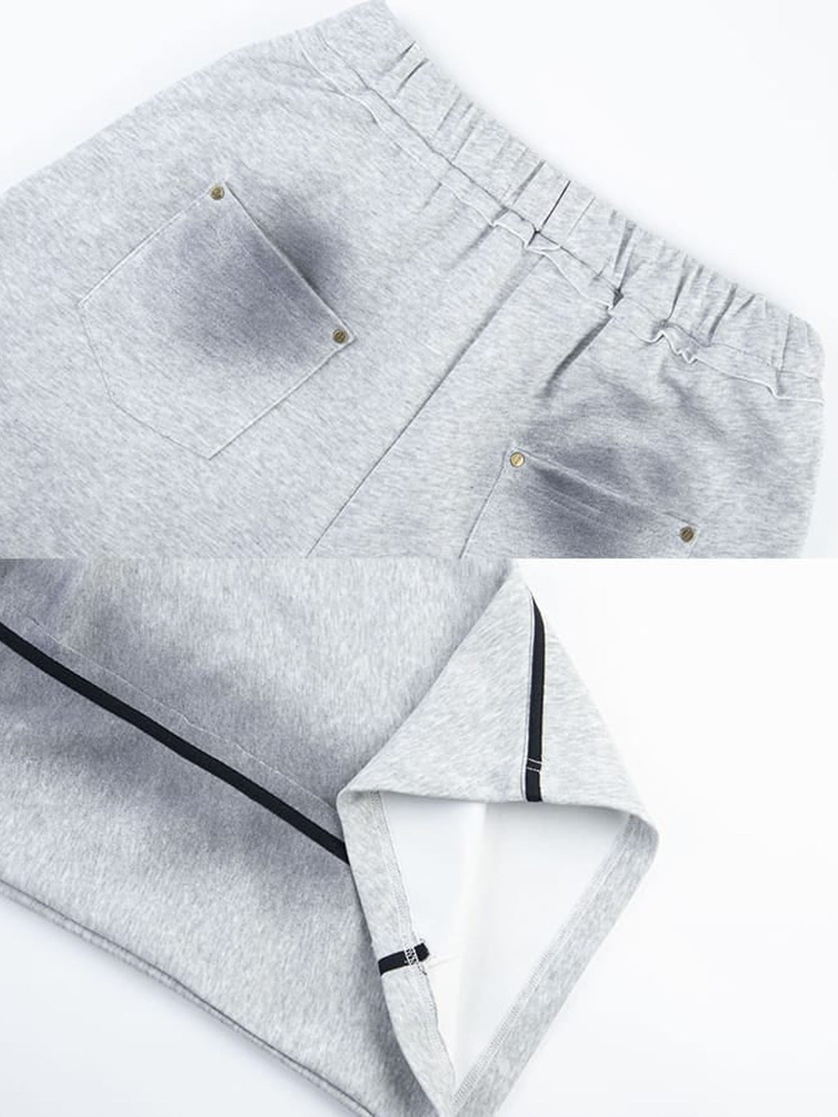 Piping sweatpants – Grey pocket and hem close-up | XoKool