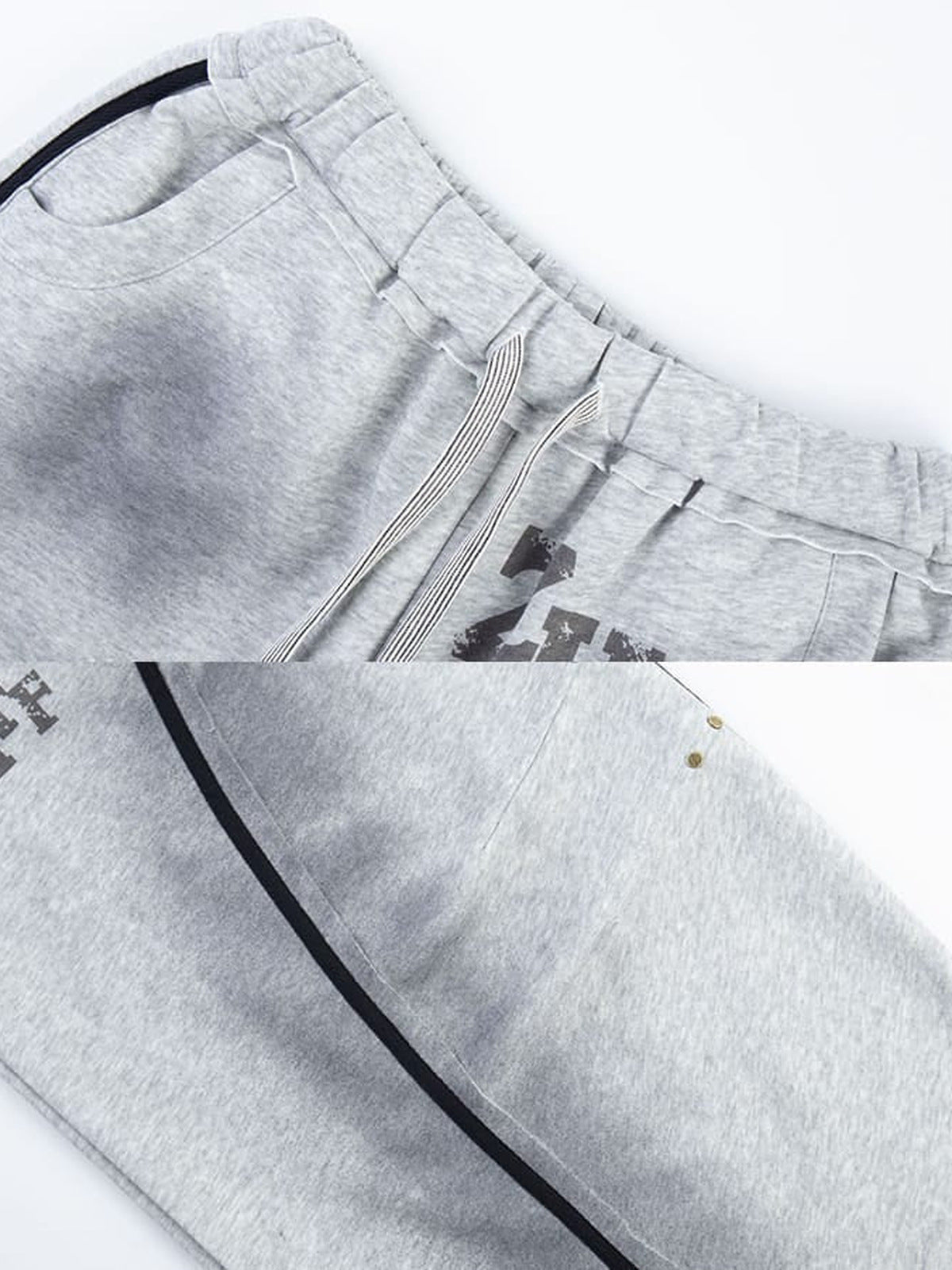 Piping sweatpants – Grey print and piping close-up | XoKool