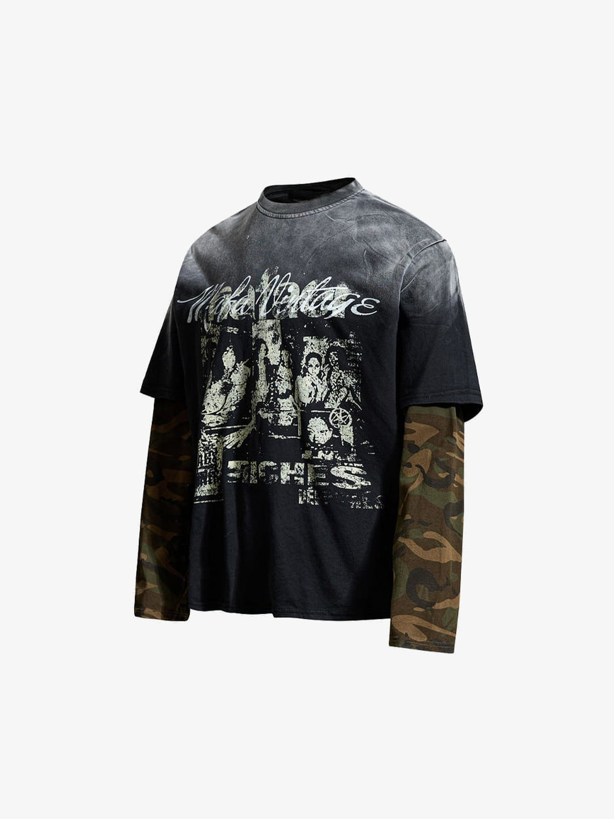 Faded Black Camo Sleeve Layered Graphic Tee – angled front | XoKool