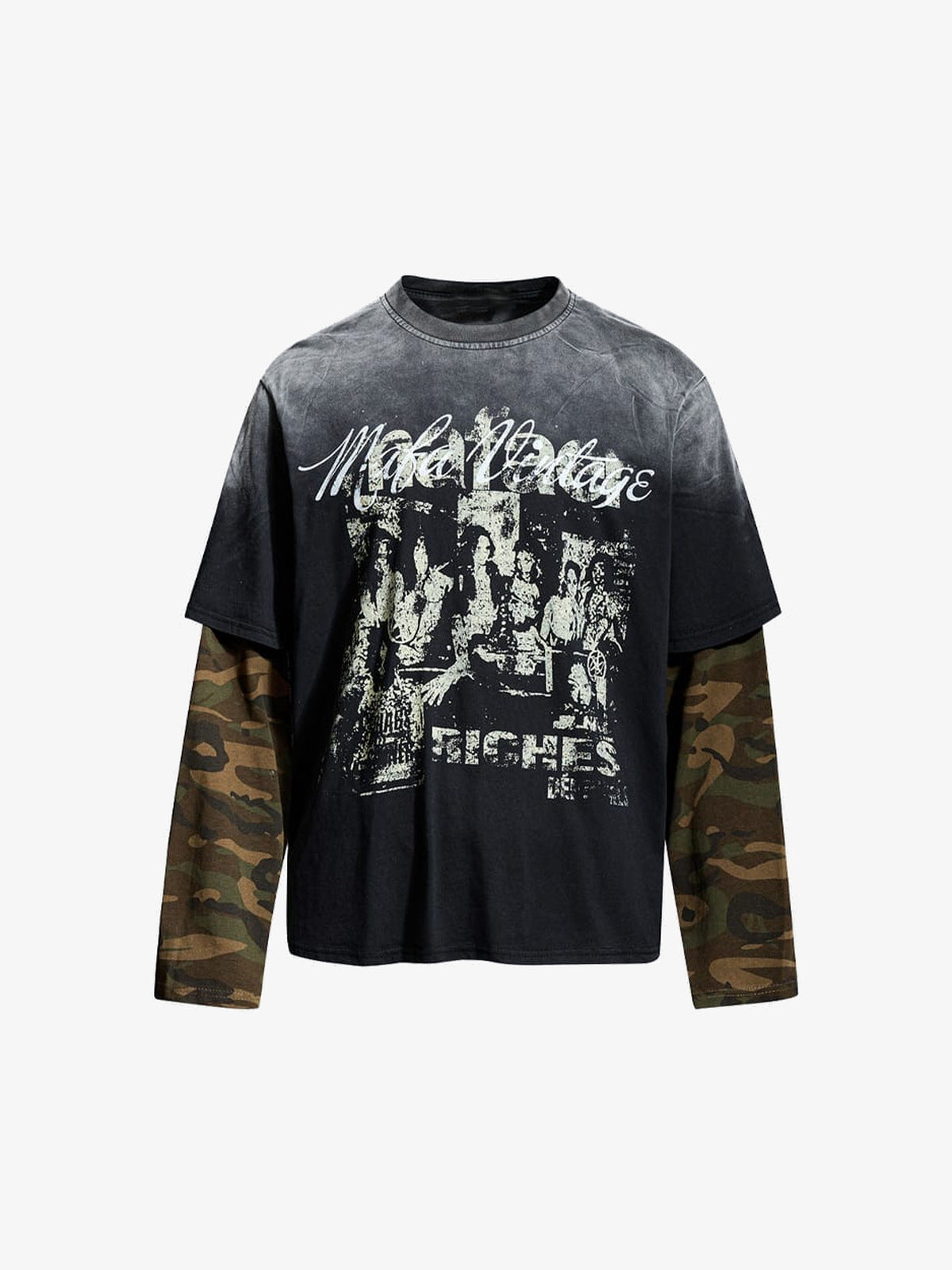 Faded Black Layered Graphic T-Shirt mit Camo-Ärmeln – Schwarz, Vorderansicht | XoKool