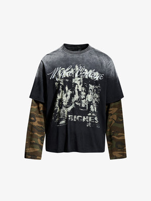 Faded Black Camo Sleeve Layered Graphic Tee – Black, front view | XoKool
