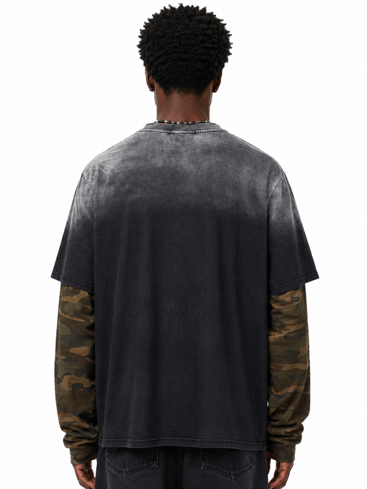Camo sleeve layered tee – on model, back | XoKool