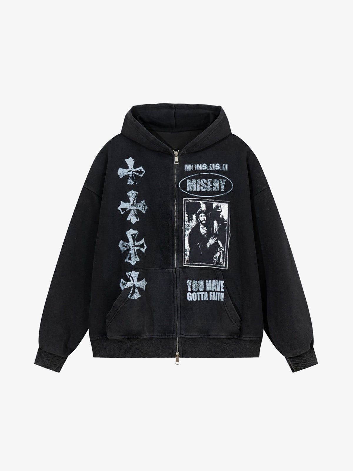 Faded Black Gothic Cross Zip Hoodie – Vorderseite flach | XoKool