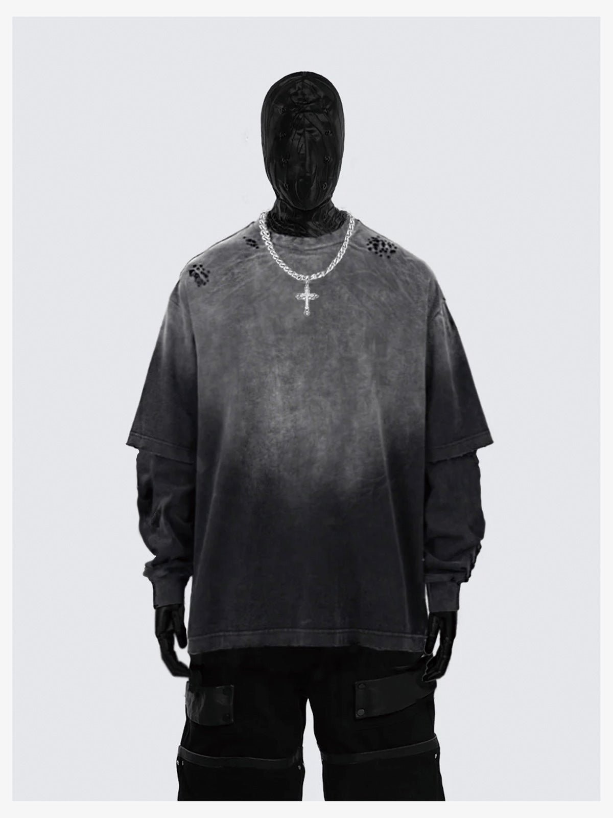 Faded Black Oversized Layered Long Sleeve Tee – on model, front | XoKool