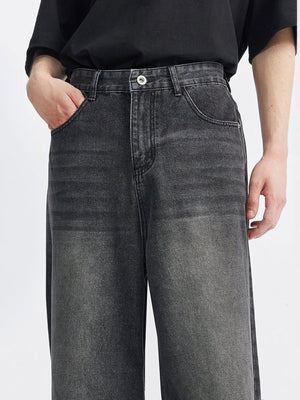 Faded Black Straight Leg Baggy Jeans – on model, front close | XoKool