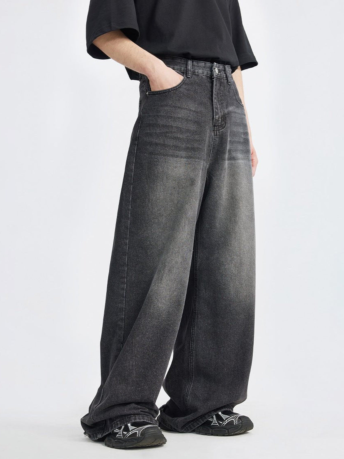 Faded Black Straight Leg Baggy Jeans – on model, front | XoKool
