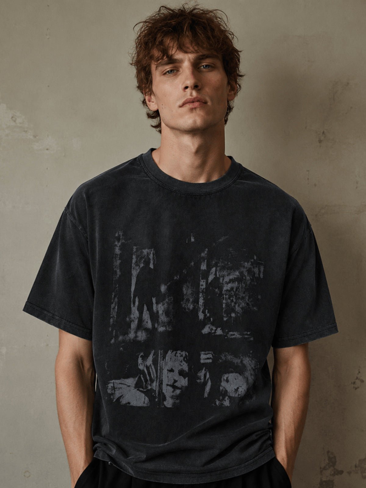 Faded Distressed Graphic Tee in Black or Burgundy – Black, on model front | XoKool