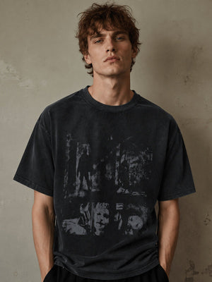 Faded Distressed Graphic Tee in Black or Burgundy – Black, on model front | XoKool