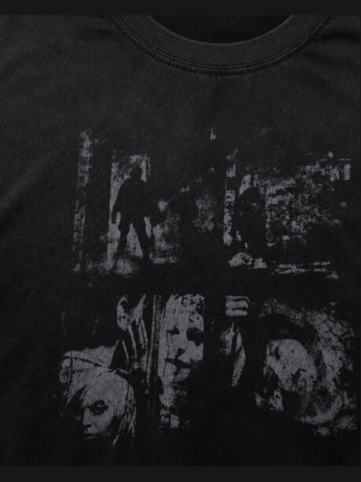 Distressed graphic tee – Black, print close-up | XoKool