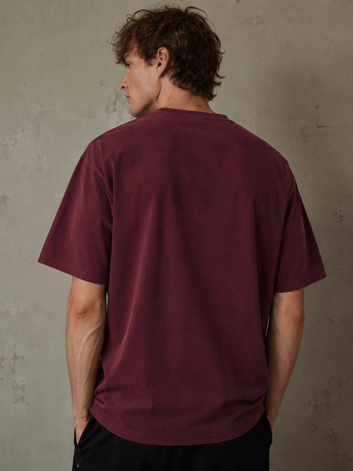 Distressed graphic tee – Burgundy, on model back | XoKool