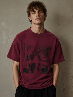 Faded Distressed Graphic Tee in Black or Burgundy – Burgundy, on model front | XoKool