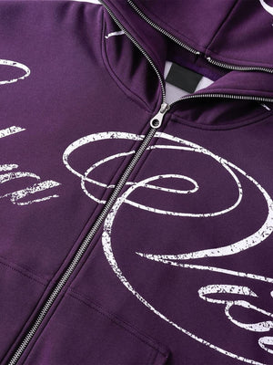 Script zip up hoodie – Faded Purple, zip and neck close-up | XoKool