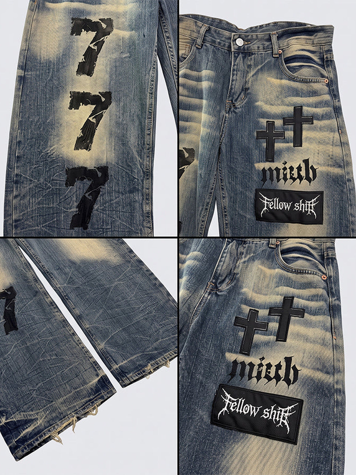 Faded Wide Leg Cross Jeans with Belt – detail collage: 7 graphics, crosses, patch, frayed hem | XoKool