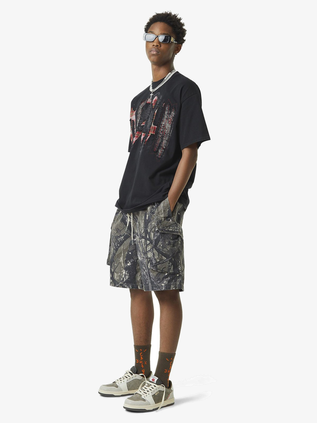 Tree camo cargo shorts – on model, full body side | XoKool
