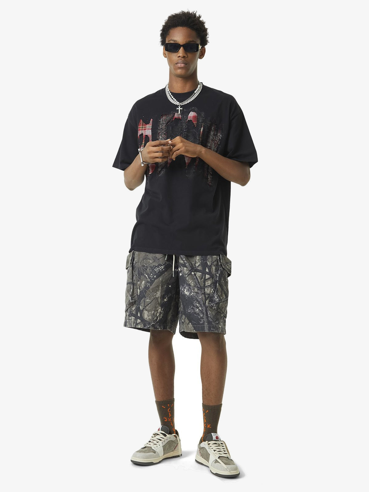 Tree camo cargo shorts – on model, full body front | XoKool