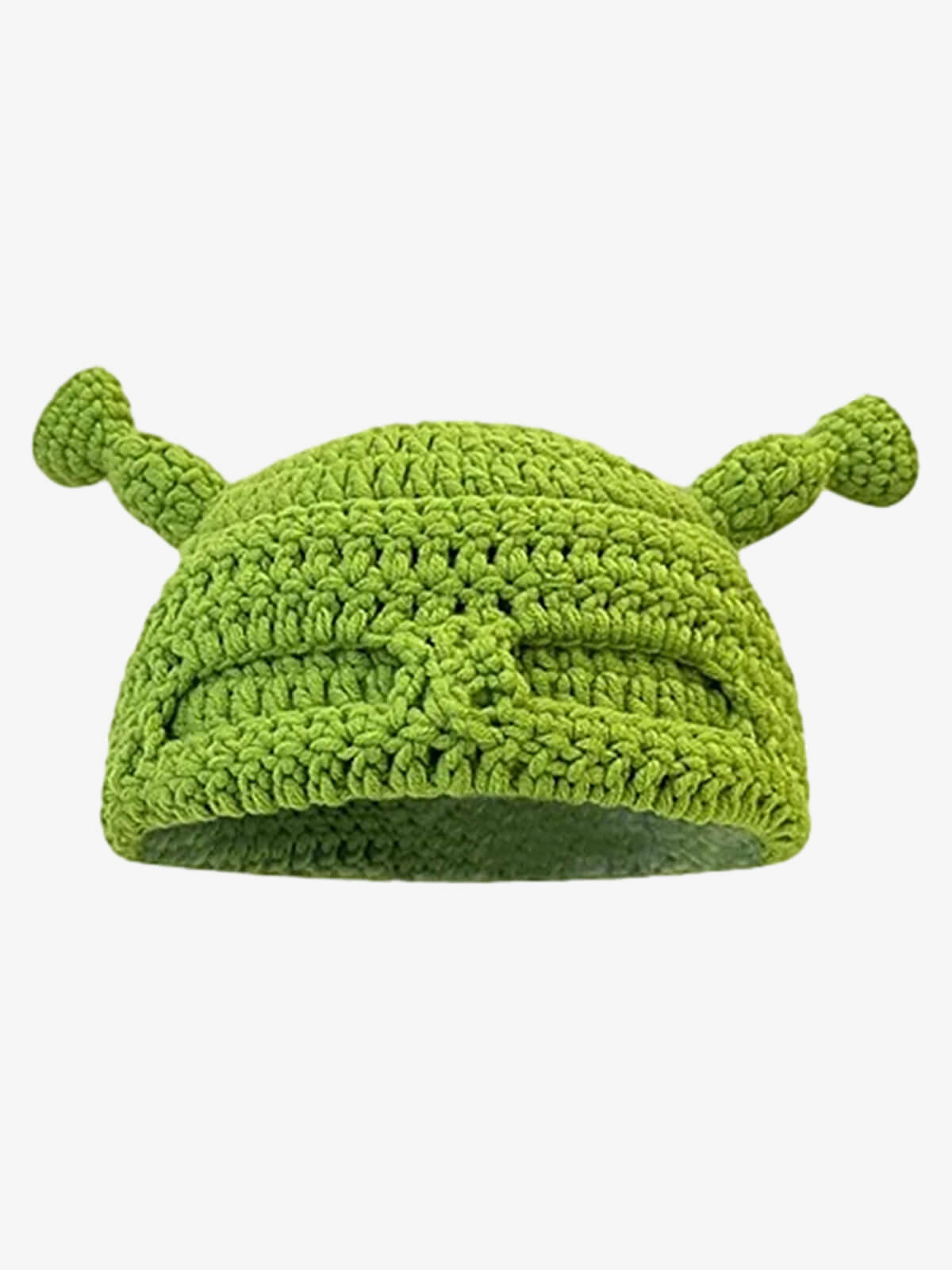 Green Crochet Ski Mask Beanie with Monster Ears – front, rolled | XoKool