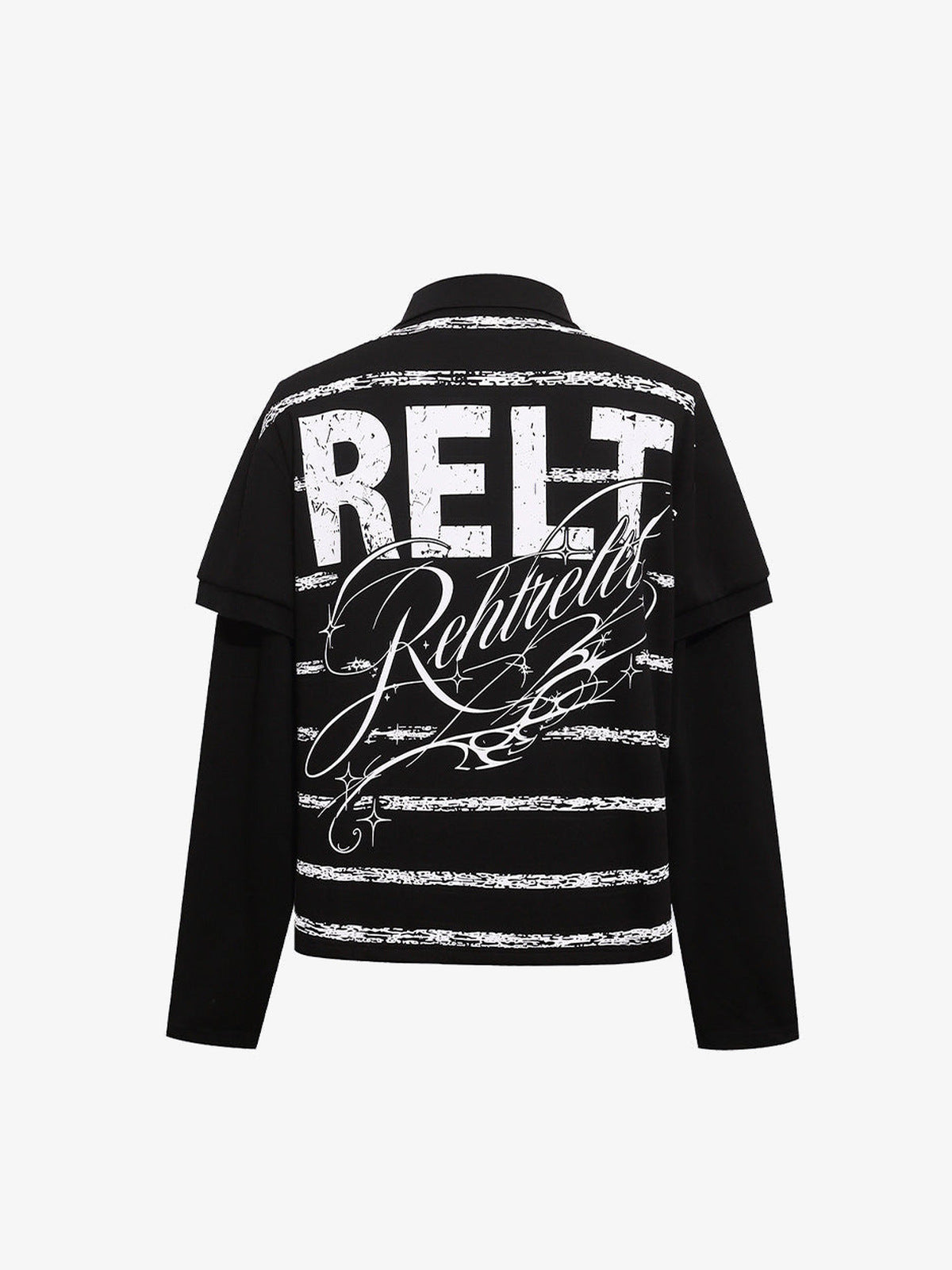 Faux Layered Long Sleeve Polo Shirt with Stripe Print – Black, back | XoKool