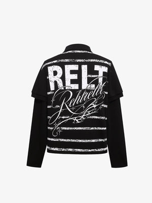 Faux Layered Long Sleeve Polo Shirt with Stripe Print – Black, back | XoKool