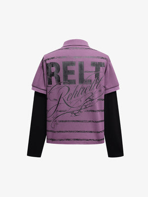 Faux Layered Long Sleeve Polo Shirt with Stripe Print – Mauve, back | XoKool