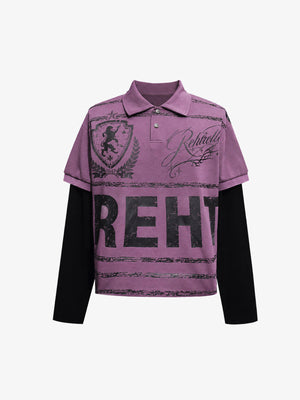 Faux Layered Long Sleeve Polo Shirt with Stripe Print – Mauve, front | XoKool