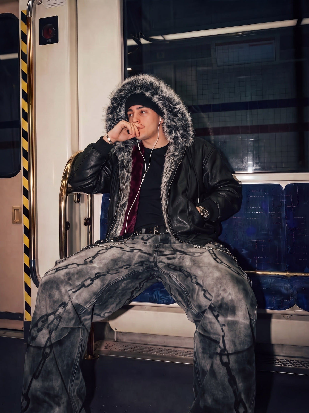 Faux leather fur hood bomber – street photo, seated | XoKool