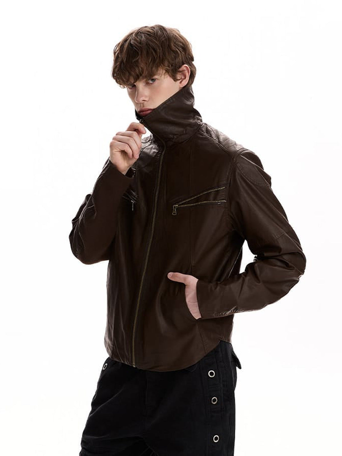 Faux leather funnel neck jacket – on model, brown, collar up | XoKool