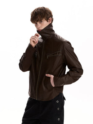 Faux leather funnel neck jacket – on model, brown, collar up | XoKool