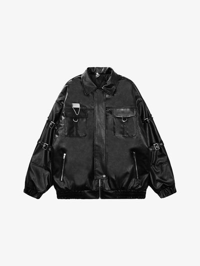 Faux Leather Utility Jacket with Buckle Straps
