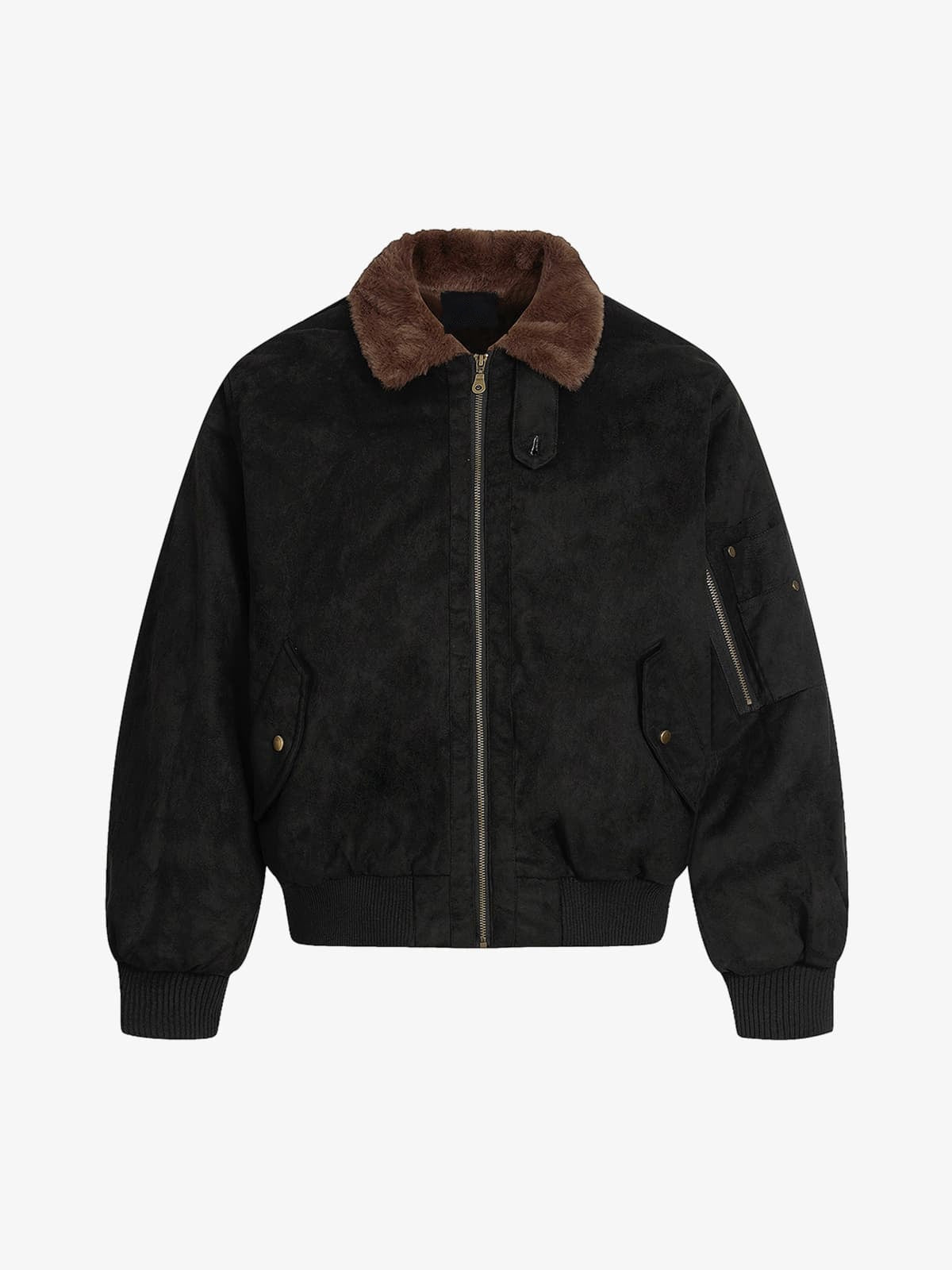 Faux Suede Bomber Jacket with Fur Collar – Black, front flat | XoKool