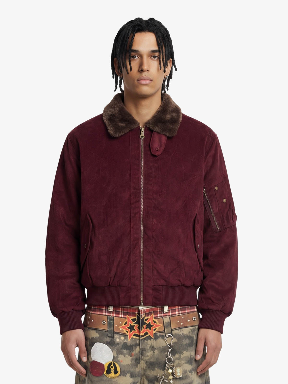 Suede bomber jacket – Wine Red, on model, front | XoKool