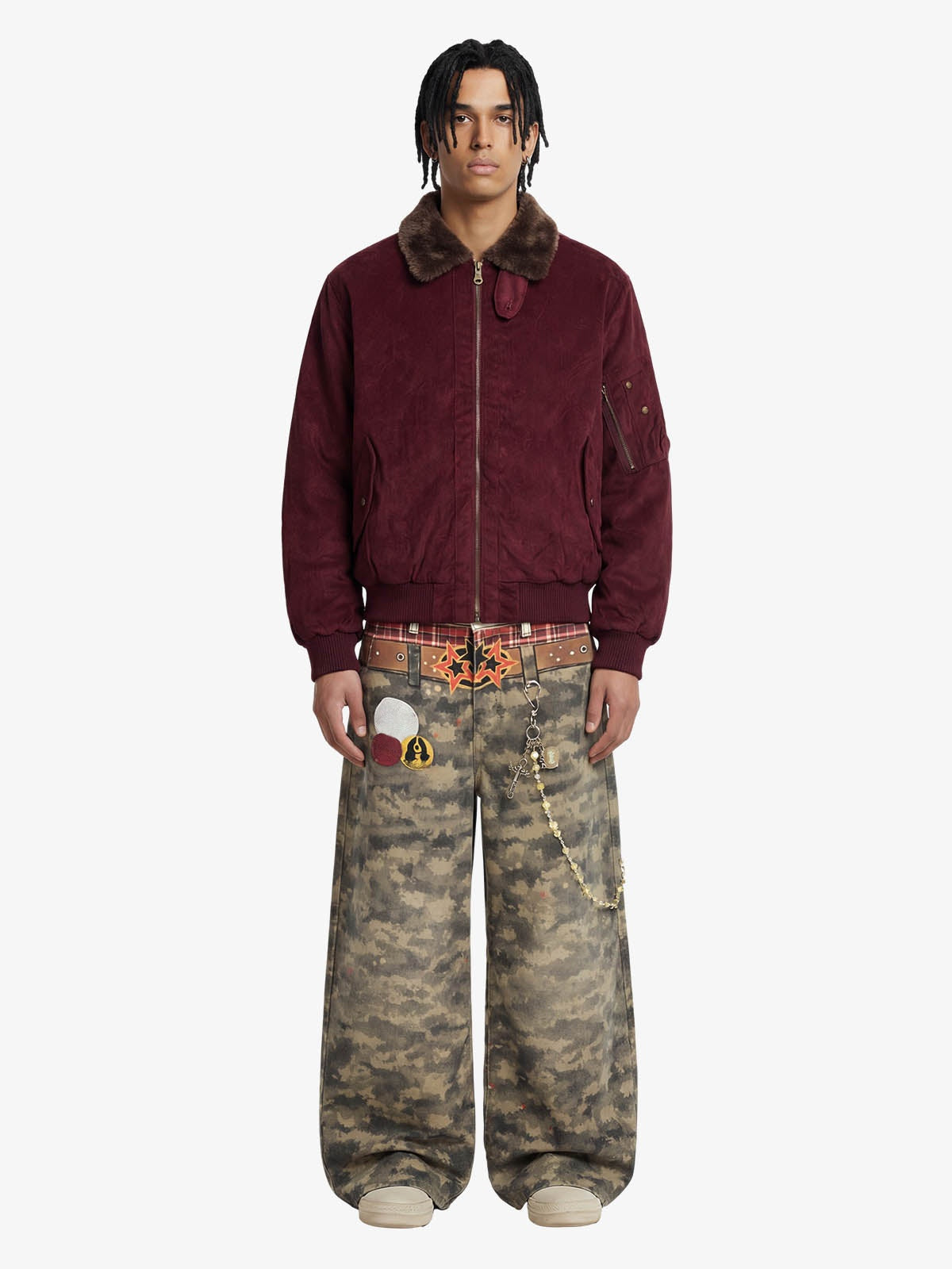 Suede bomber jacket – Wine Red, on model, full | XoKool
