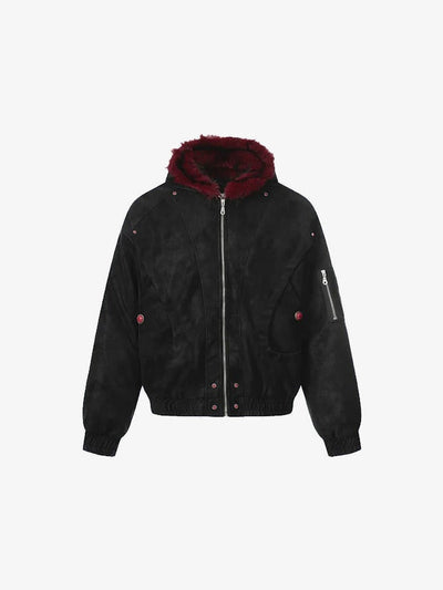 Faux Suede Bomber with Red Faux Fur Hood