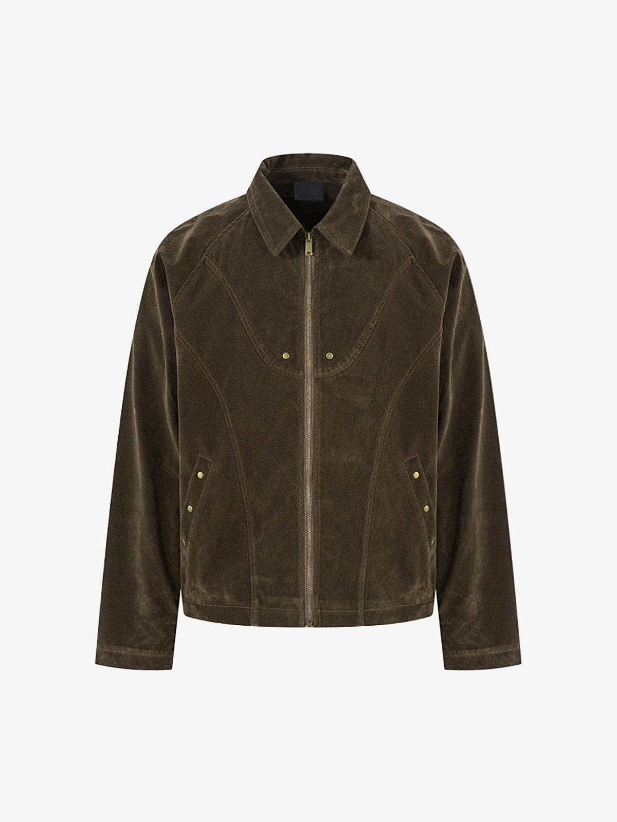 Faux Suede Collared Zip Jacket – Olive Brown, front view | XoKool