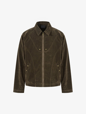 Faux Suede Collared Zip Jacket – Olive Brown, front view | XoKool