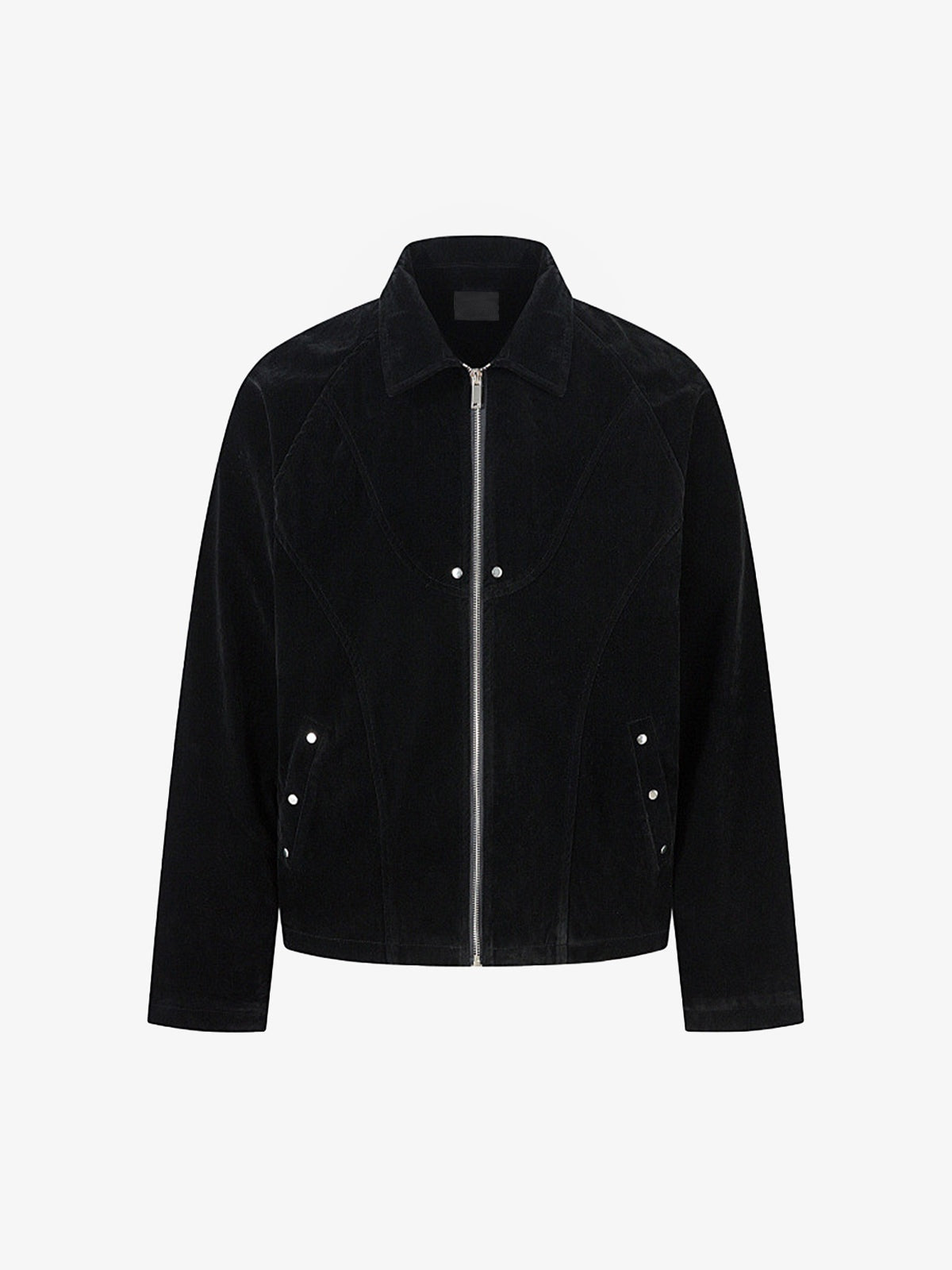 Faux Suede Collared Zip Jacket – Black, front view | XoKool
