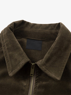Faux Suede Collared Zip Jacket – Olive Brown, collar and inner neck close-up | XoKool