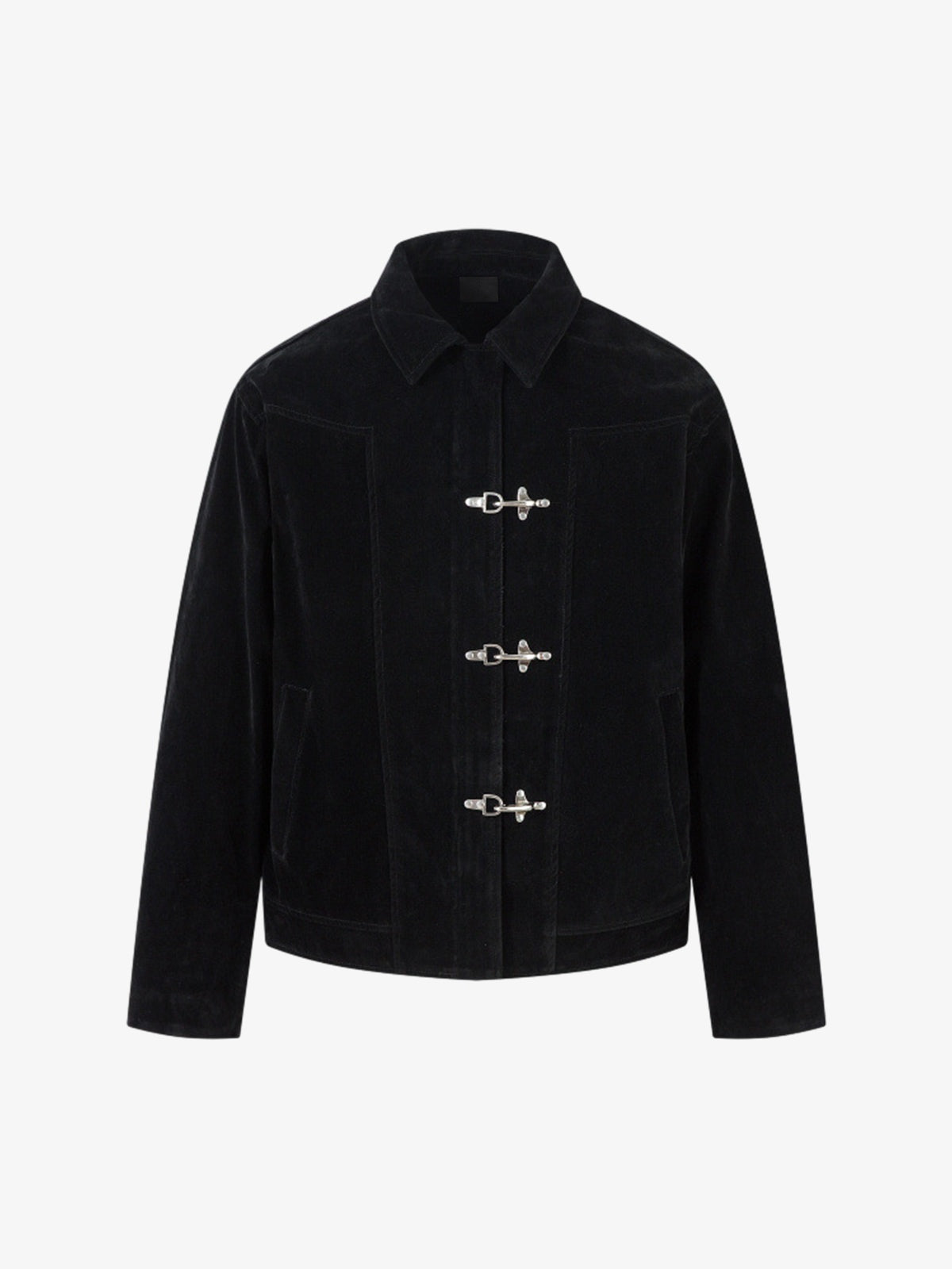 Faux Suede Fireman Clasp Jacket – Black, front view | XoKool