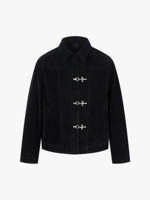 Faux Suede Fireman Clasp Jacket – Black, front view | XoKool