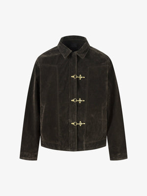 Faux Suede Fireman Clasp Jacket – Dark Brown, front view | XoKool
